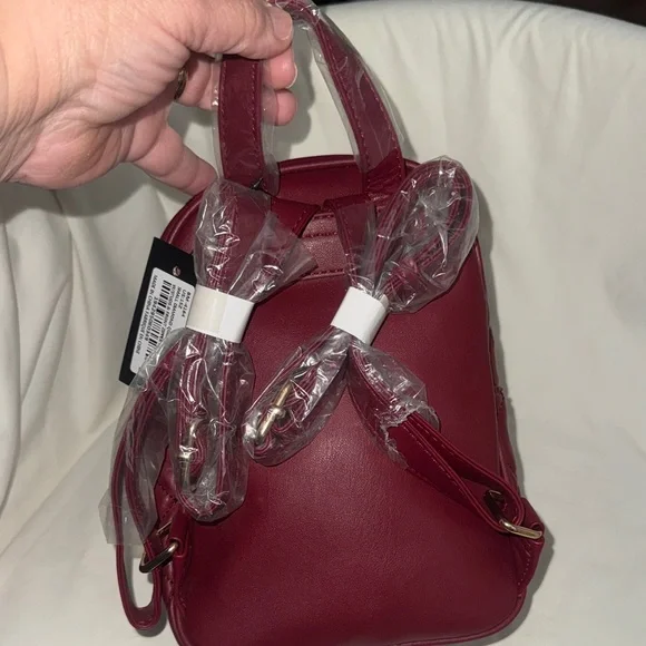 Badgley Mischka Burgundy Quilted Mini Backpack with Gold Accents - Picture 3 of 12